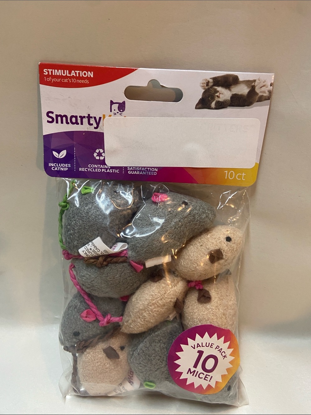 Kong Catnip Mouse Toy Pack - Gray & Cream Plush Mice 10 pc pack